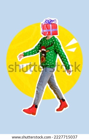 Vertical collage picture of funny walking girl xmas giftbox instead head isolated on creative background