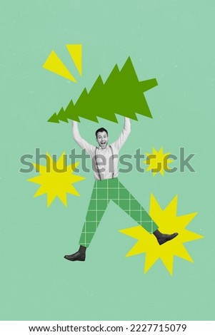 Collage banner photo of young excited student guy wear painted pants hold xmas tree hooray preparation holiday weekend isolated on green background