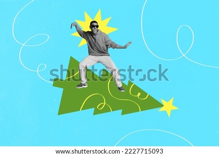 Creative photo 3d collage artwork postcard poster brochure picture of young crazy person flying xmas tree isolated on painting background
