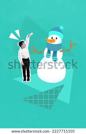 Creative photo 3d collage artwork postcard poster picture greeting card of boy showing big snowman isolated on painting background