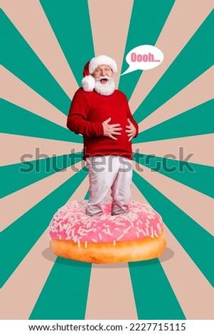 Vertical collage picture of excited funky grandfather inside huge donut hands touch full stomach isolated on drawing background