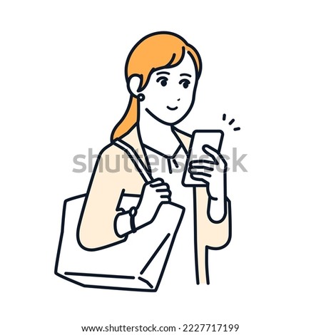 Simple vector illustration material of a young woman operating a smartphone with a smile Royalty-Free Stock Photo #2227717199