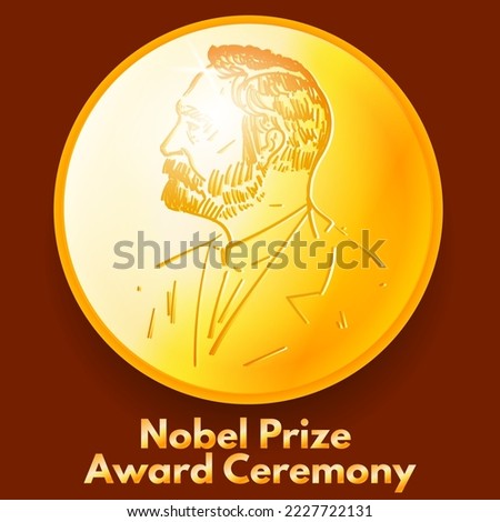 Gold Nobel Prize on a burgundy background. Honorable Achievement in the Field of Scientific Achievement. Vector editorial illustration with a portrait of Alfred Nobel.