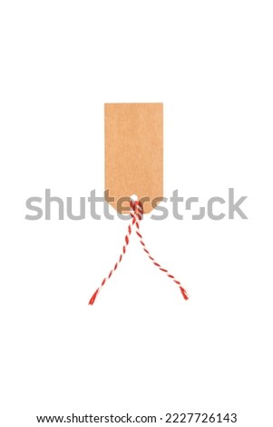 Blank hanging gift tag made from brown kraft paper with red twine on white. Design element. Funny Template for sale.