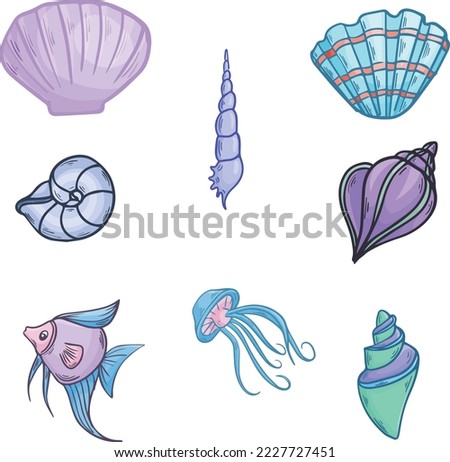 set of shells in blue, vector illustration