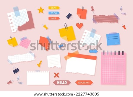 Cute memo template. Collection of colorful papers. Organization of work and study process, goal setting and time management concept. Cartoon flat vector illustrations isolated on pink background Royalty-Free Stock Photo #2227743805