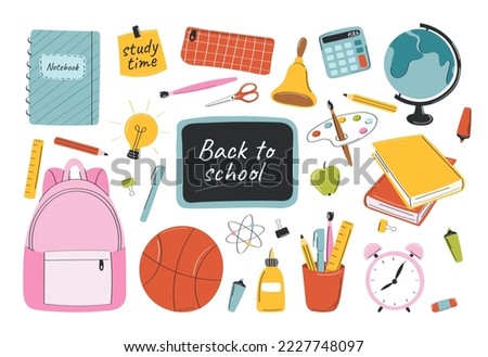 School items set. Collection of stickers for social networks. September 1, international day of knowledge. Education and training. Cartoon flat vector illustrations isolated on white background