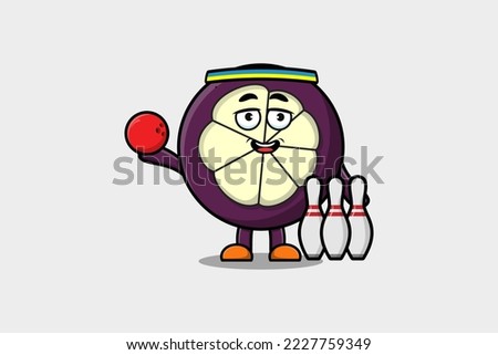 Cute cartoon Mangosteen character playing bowling in flat modern style design illustration