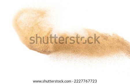 Sand flying explosion, Golden sand wave explode. Abstract sands cloud fly. Yellow colored sand splash throwing in Air. White background Isolated high speed shutter, throwing freeze stop motion Royalty-Free Stock Photo #2227767723
