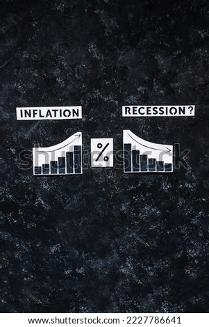Inflation and Recession text with percentage symbol and charts showing cost of living going up  and economic growth going down, concept of post pandemic economy