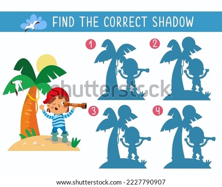 Find correct shadow. Cute pirate on desert island. Puzzle game for children. Activity, vector illustration.