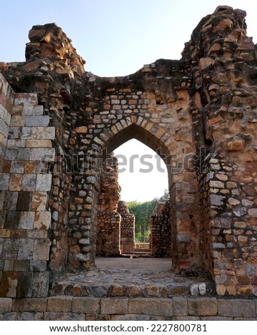 Qutub Complex, One of the most popular places to see in Delhi, Qutub Minar is a UNESCO World Heritage Site.                         Royalty-Free Stock Photo #2227800781