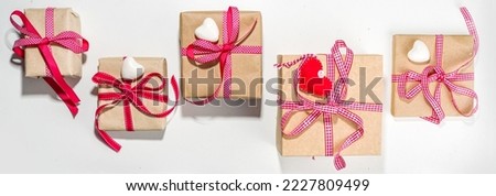 Valentine day greeting card background. Set of various different Valentines gift boxes, craft, heart, red ribbon, on white background