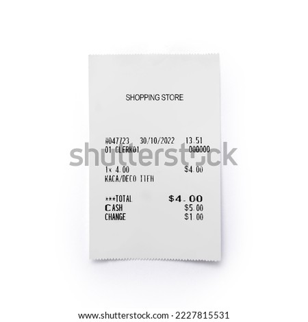 Paper printed sales shop receipt isolated on white background Royalty-Free Stock Photo #2227815531