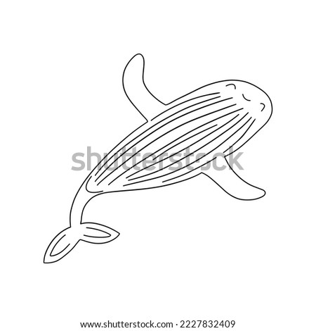 Cute smile whale is swimming. Black and white vector isolated illustration hand drawn doodle. Wildlife, mammal large ancient wise animal living in the ocean