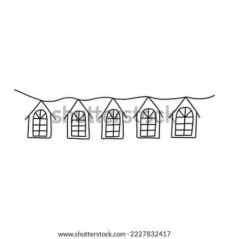Festive garland of Scandinavian houses. Black and white vector isolated illustration hand drawn doodle. Interior decoration. Winter holiday season, new year eve, design element