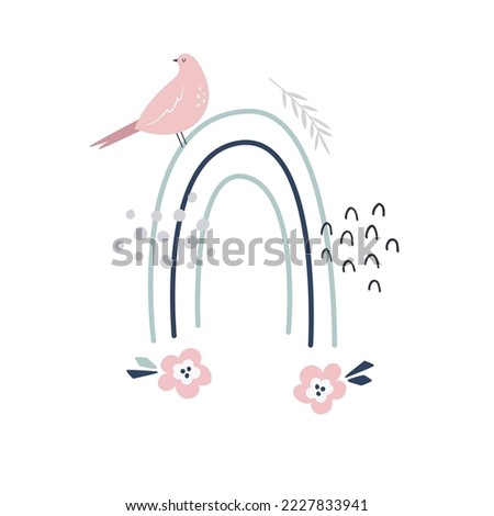 Cute composition with hand drawn rainbow, bird and textured elements.