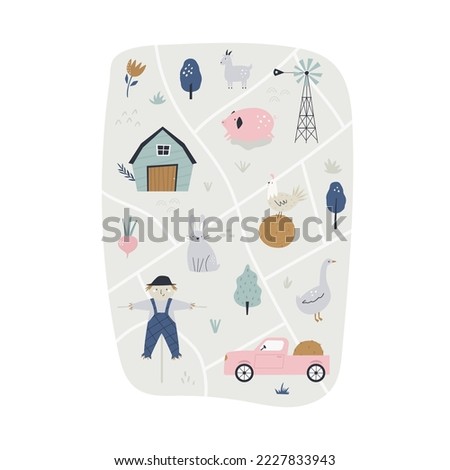 Cute rural scene with barn, truck, funny animals, plants. Lovable poster design, decoration.