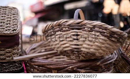 handmade wooden baskets, gift shopping, blurred background, image with space and text space