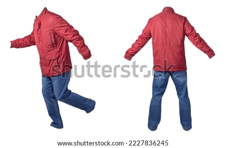 two red men's jacket and blue jeans isolated on white background.casual clothing