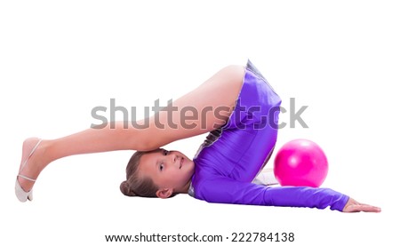 girl gymnast coach with ball on white isolated background
