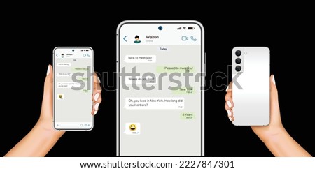 Hand holds the smartphone with messenger application. Flat vector modern phone mock-up illustration.