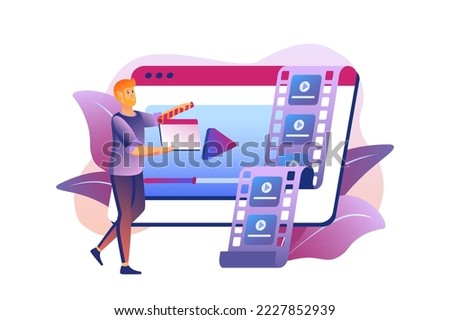 Online cinema violet gradient concept with people scene in the flat cartoon style. Man edit the video to make a cool movie out of it. Vector illustration.