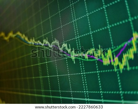 Finance business background. Stock market chart, graph on blue background. Stock market graph analysis for finance investment. Display of quotes pricing graph visualization. Green blue color