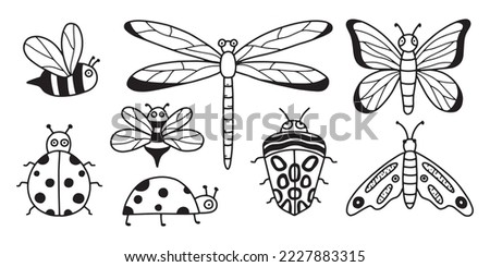 Collection of cute insects. Doodle style. Vector illustration. Set of baby beetles.