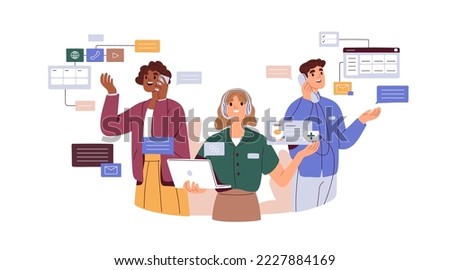 Work calls, business communication concept. Operator, assistant in headset consulting clients online, by phone at customer support service. Flat vector illustration isolated on white background Royalty-Free Stock Photo #2227884169