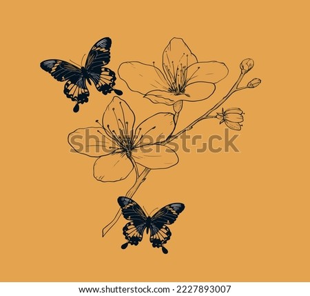 flower and two butterflies composition with colored background