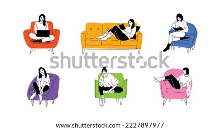 Girls sitting in armchair, sofa at home. Woman with laptopor book on the chair, sofa. Freelance or studying concept. Female character, chatting online using laptop, resting