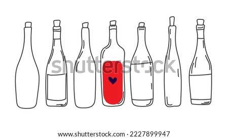 Vector wine botlles, alcohol, line art, doodle, minimalistic design.