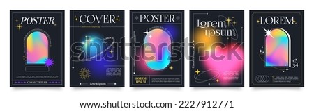 Modern minimalist style posters with holographic forms, linear shapes and sparkles on black background. Trendy print with line arch frames, fluid gradients and stars, vector poster template set Royalty-Free Stock Photo #2227912771