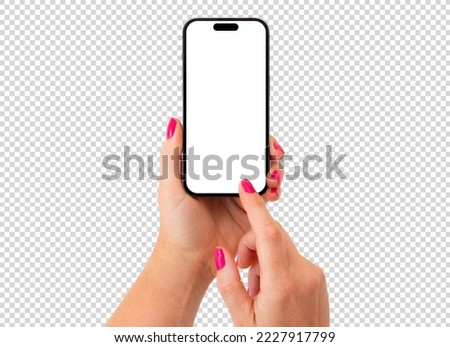 Mobile phone mockup. Woman holding phone and touching the screen with finger.