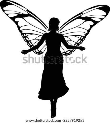 A fairy in silhouette with butterfly style wings 