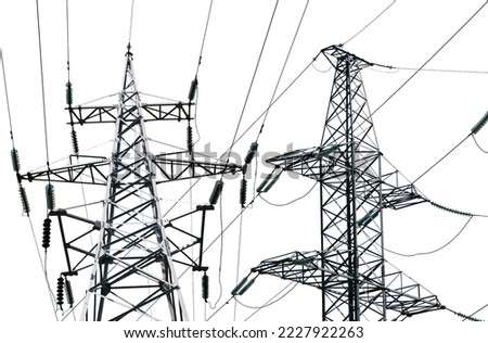 Electricity pylon (high voltage power line) isolated, on a white background    