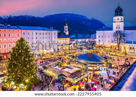 Salzburg, Austria. Christmas market at Cathedral Square, origins of Christkindlmarkt X-mas fair go back to the late 15th century.