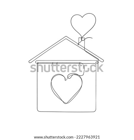 continuous line drawing house with love heart sign symbol illustration
