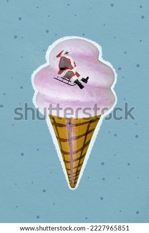 Exclusive magazine picture sketch image of funky funny grandfather riding xmas sledges big huge ice-cream cone isolated painting background
