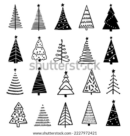 Set of christmas tree vector icon. Simple black white illustration in scandinavian style. Hand-drawn christmas tree in doodle style. Christmas and New year illustrations. 