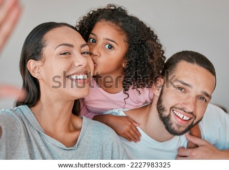 Family, portrait and selfie with child, mother and father together at home for kiss, love and care with smile and happiness. Child, man and woman in Puerto Rico house for social media profile picture