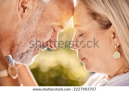 Senior, couple, love and trust while together in retirement for love, care and trust on a summer vacation outdoor. Face of a man and woman touching forehead while in nature with support in marriage Royalty-Free Stock Photo #2227983707
