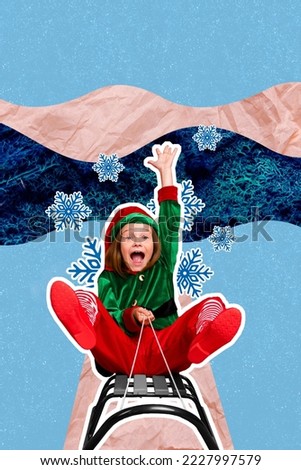 Creative photo 3d collage artwork poster postcard of little person girl boy hurry 2023 winter holiday isolated on painting background