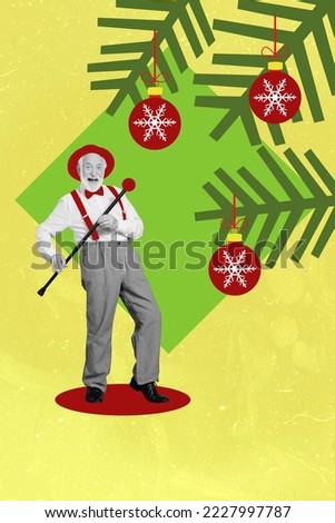 Vertical creative collage photo of senior retired funny positive man wear red hat hold stick dancing isolated on yellow color background