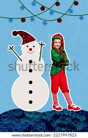 Creative photo 3d collage artwork poster postcard of funny funky person stand big snowman isolated on painting background