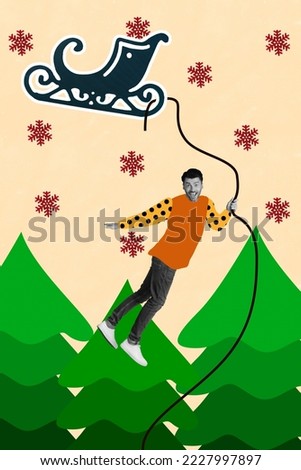 Creative photo 3d collage artwork poster postcard of positive crazy man hold rope sledge fly air isolated on painting background