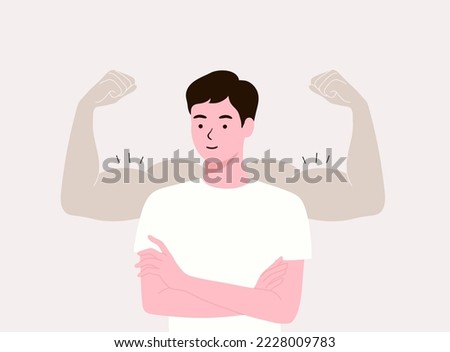 Strong man. Cute boy and muscle arms behind him. Independence, Boy child show muscles dream of becoming big and strong. Happy kid imagine himself feeling strong and powerful. Flat vector illustration. Royalty-Free Stock Photo #2228009783