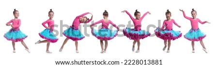 Collage with photos of cute little girl dancing on white background. Banner design