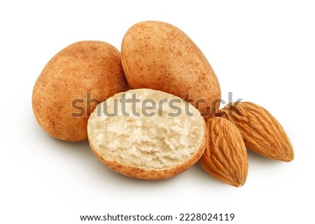 Marzipan balls or potatoes with almond isolated on white background full depth of field